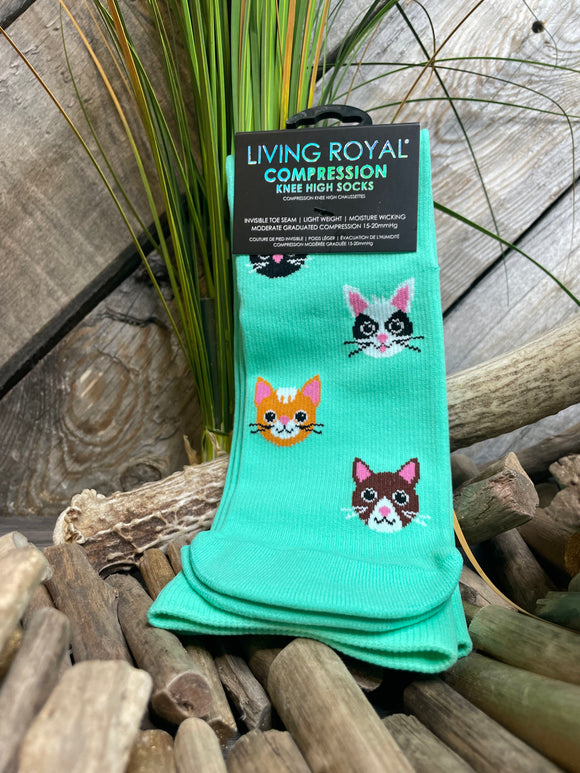 Giftware - Living Royal Knee high Compression Socks in Aqua Cat Print