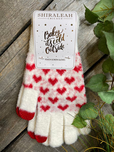 Winter Accessories - Shiraleah Chicago "Baby It's Cold Outside" Touch Screen Gloves in Ivory/Red Hearts