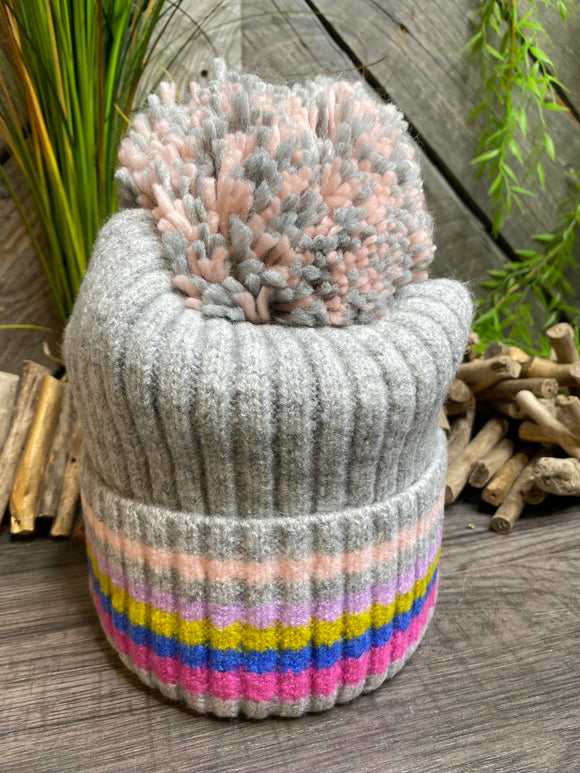 Winter Accessories - Shiraleah Chicago Valentina Hat in Grey/Yellow, Blue & Pink Stripes