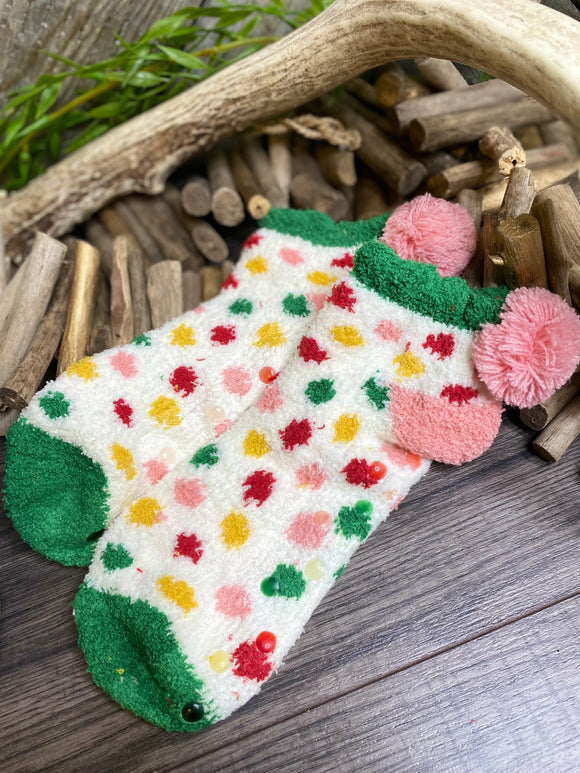 Giftware - Shiraleah Chicago Fuzzy Socks in White/Green with Pink Pom Poms