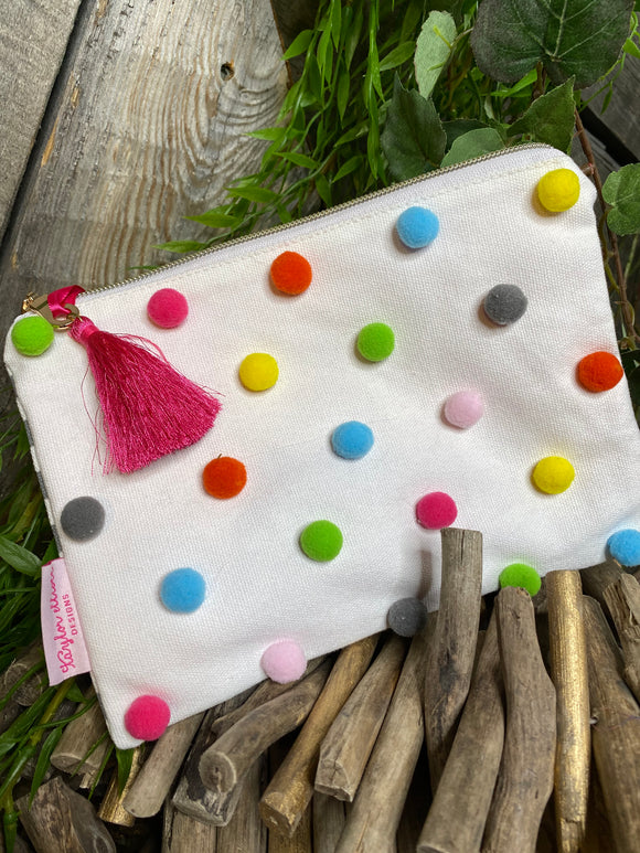 Self Care - Zippered Bag in White with Polka Dots