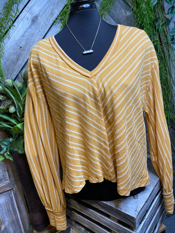 By Together - Long Sleeve V-Neck Shirt in Mustard with White Lines