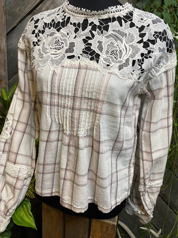 Blowout Sale - Free People Ivory Long Sleeve Blouse Plaid