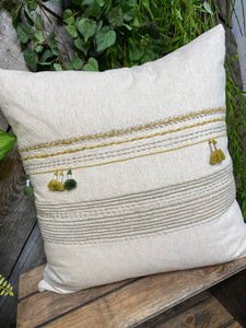 Giftware - Off White Pillow with Mustard/Green Tassles