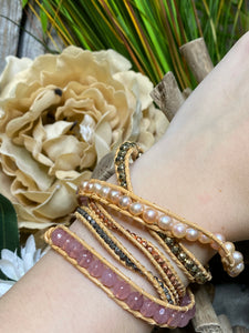 Blowout Sale - Adjustable Wrap Around Bracelet in Pink/Gold/Pearl