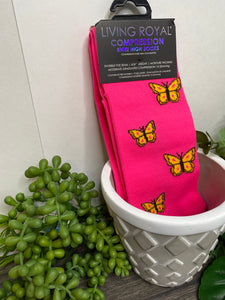Giftware - Living Royal Compression Socks in Hot Pink with Yellow Butterflies