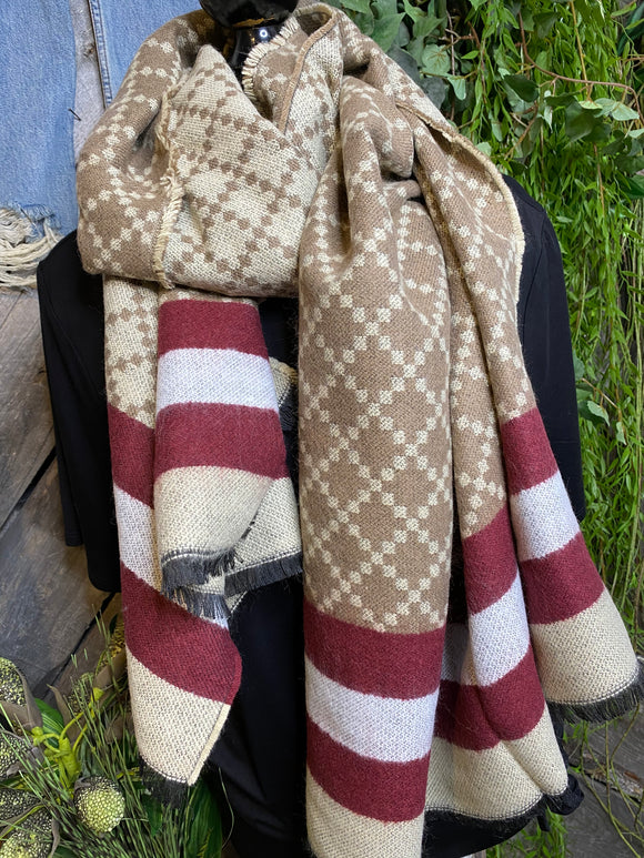 Blowout Sale - Winter Accessories Shiraleah Chicago Scarf in Brown/White/Burgundy